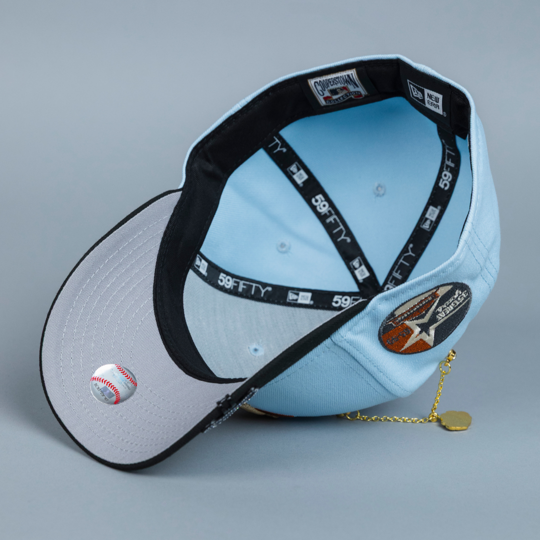 NEW ERA EXCLUSIVE 59FIFTY SKY BLUE/ BLACK HOUSTON ASTROS W/ 35TH ANNIVERSARY SIDE PATCH
