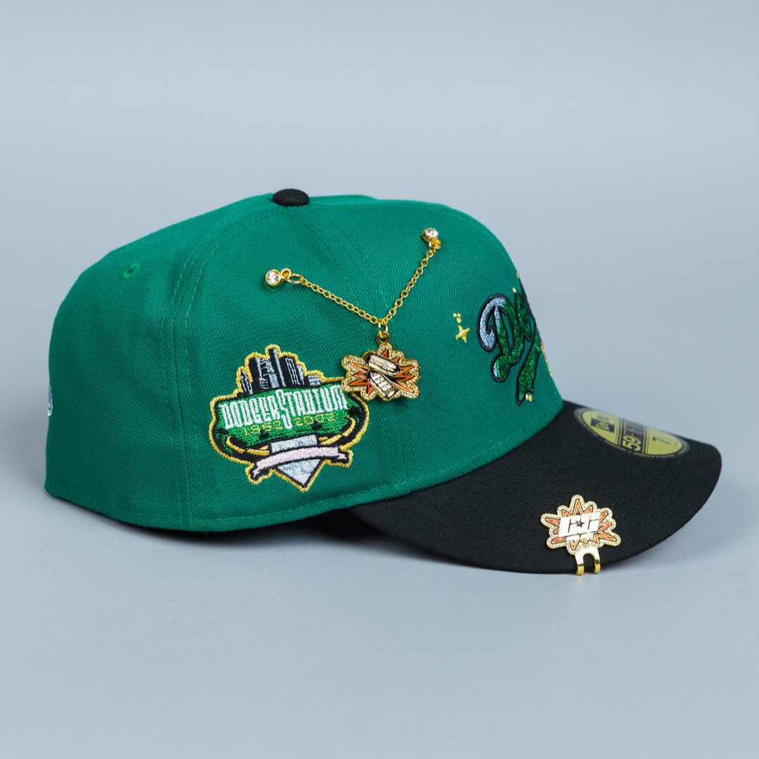 NEW ERA EXCLUSIVE 59FIFTY EMERALD GREEN/ BLACK LOS ANGELES DODGERS GALAXY SCRIPT W/ 40TH ANNIVERSARY SIDE PATCH