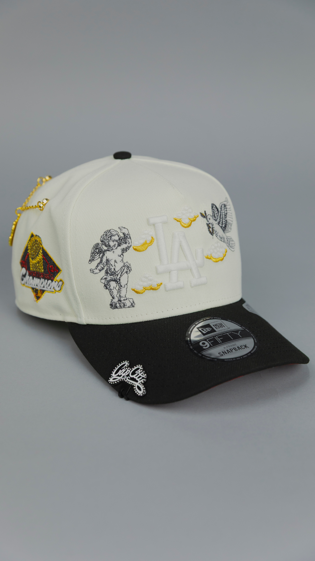 NEW ERA EXCLUSIVE 9FIFTY A-FRAME CHROME/ BLACK LOS ANGELES DODGERS "HEAVENLY CITY" W/ WORLD SERIES CHAMPIONS SIDE PATCH *FREE BLIP INCLUDED