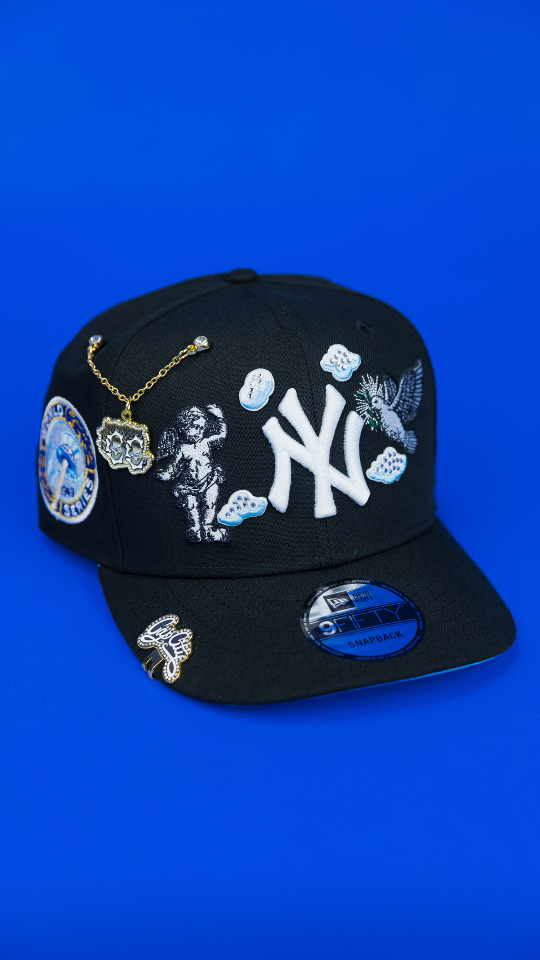 NEW ERA EXCLUSIVE 9FIFTY BLACK NEW YORK YANKEES "HEAVENLY CITY" SNAPBACK W/ 1949 WORLD SERIES SIDE PATCH *FREE BLIP INCLUDED