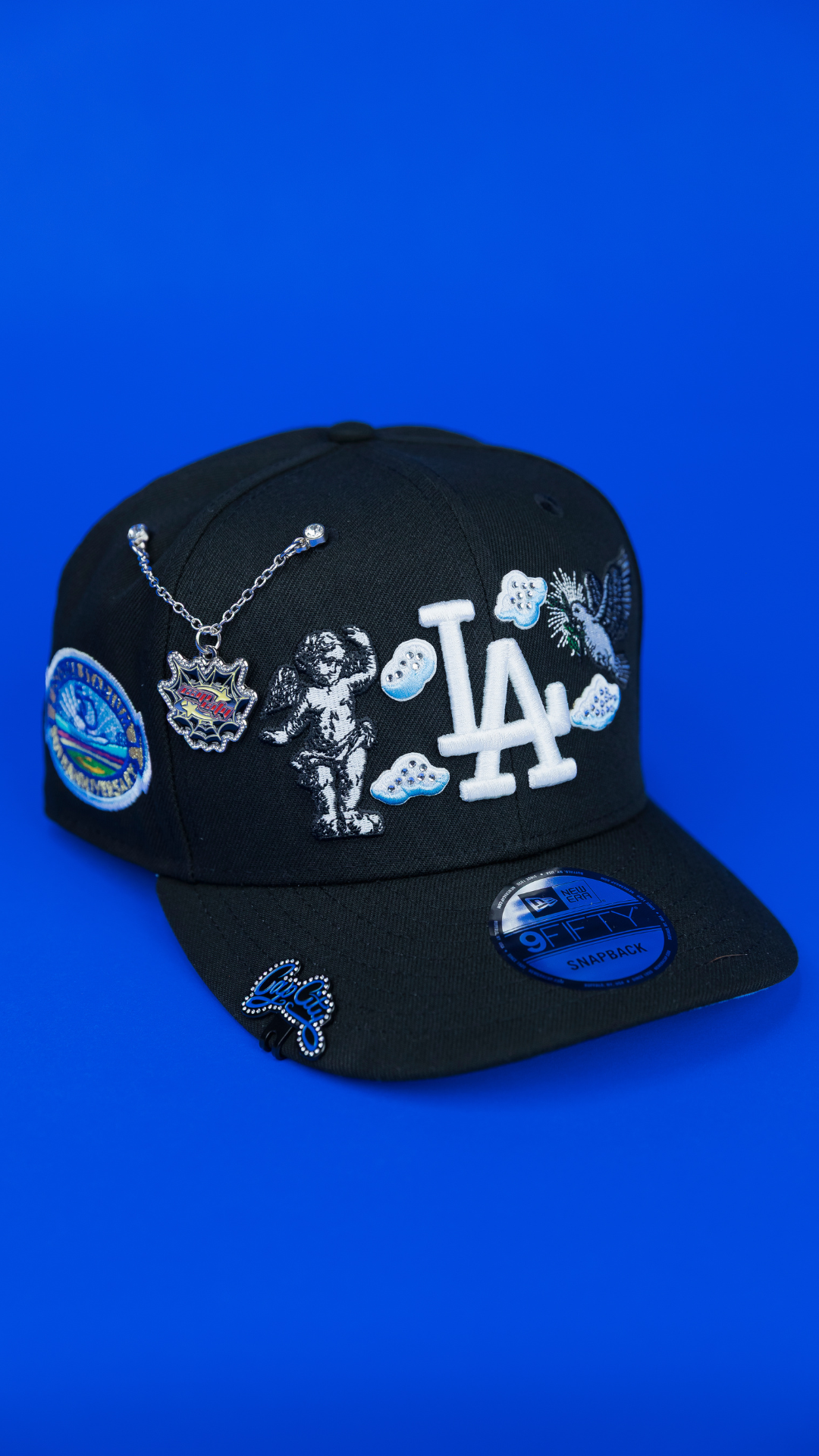 NEW ERA EXCLUSIVE 9FIFTY BLACK LOS ANGELES DODGERS "HEAVENLY CITY" SNAPBACK W/ 50TH ANNIVERSARY SIDE PATCH *FREE BLIP INCLUDED