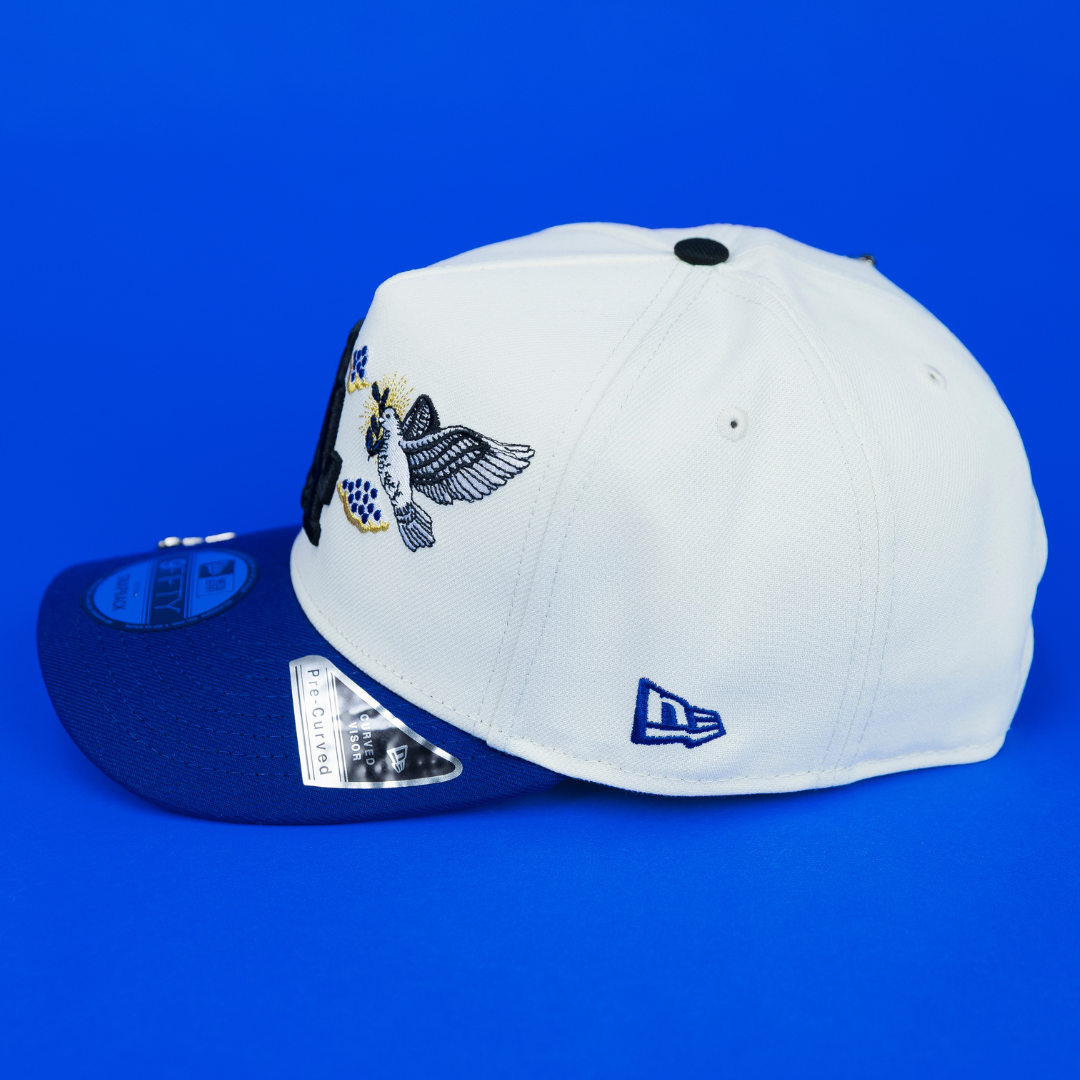 NEW ERA EXCLUSIVE 9FIFTY A-FRAME CHROME/ BLUE LOS ANGELES DODGERS "HEAVENLY CITY" W/ 50TH ANNIVERSARY SIDE PATCH *FREE BLIP INCLUDED