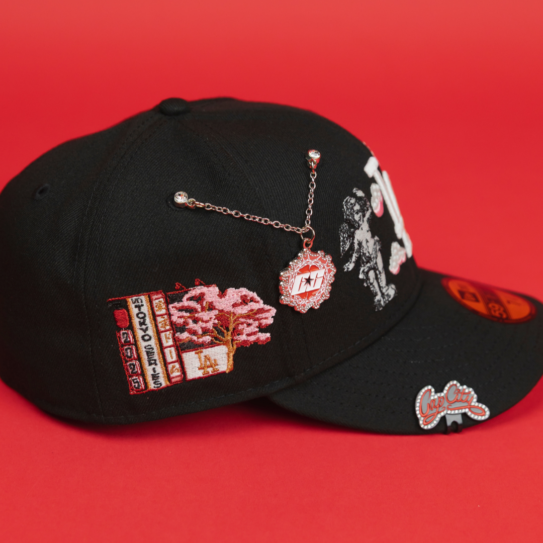 NEW ERA EXCLUSIVE 59FIFTY BLACK LOS ANGELES DODGERS "HEAVENLY CITY" W/ JAPANESE PINK BLOSSOM SIDE PATCH *FREE BLIP INCLUDED