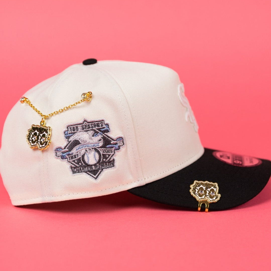 NEW ERA 9FIFTY A-FRAME CHROME/ BLACK CHICAGO WHITE SOX SNAPBACK W/ 100TH ANNIVERSARY SIDE PATCH