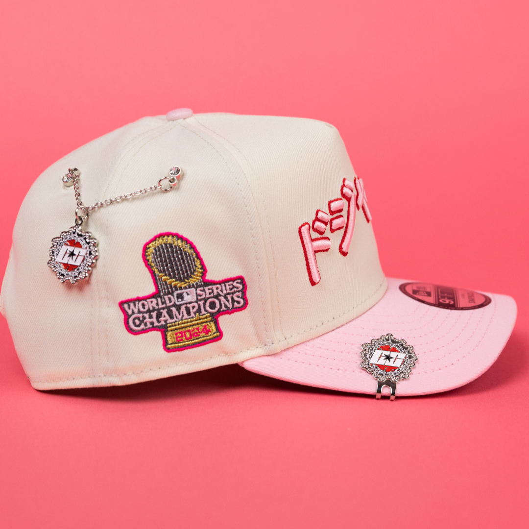 NEW ERA 9FIFTY A-FRAME CHROME/ PINK LOS ANGELES DODGERS JAPANESE SCRIPT W/ WORLD SERIES CHAMPIONS SIDE PATCH