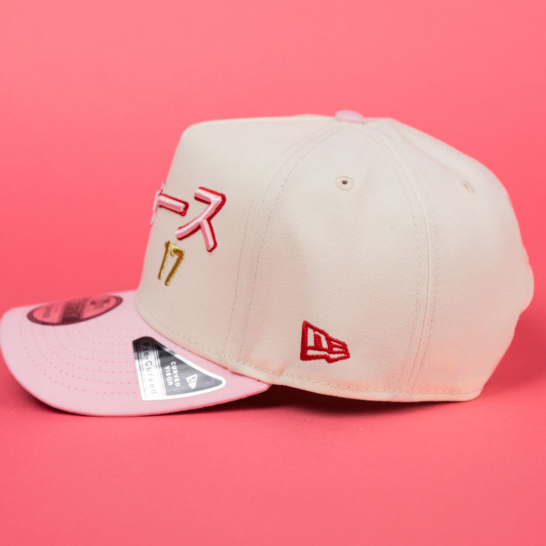 NEW ERA 9FIFTY A-FRAME CHROME/ PINK LOS ANGELES DODGERS JAPANESE SCRIPT W/ WORLD SERIES CHAMPIONS SIDE PATCH