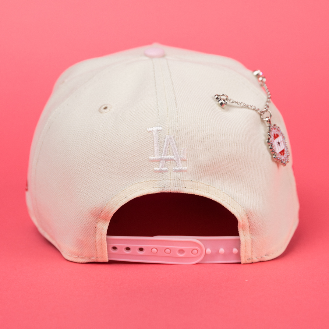 NEW ERA 9FIFTY A-FRAME CHROME/ PINK LOS ANGELES DODGERS JAPANESE SCRIPT W/ WORLD SERIES CHAMPIONS SIDE PATCH