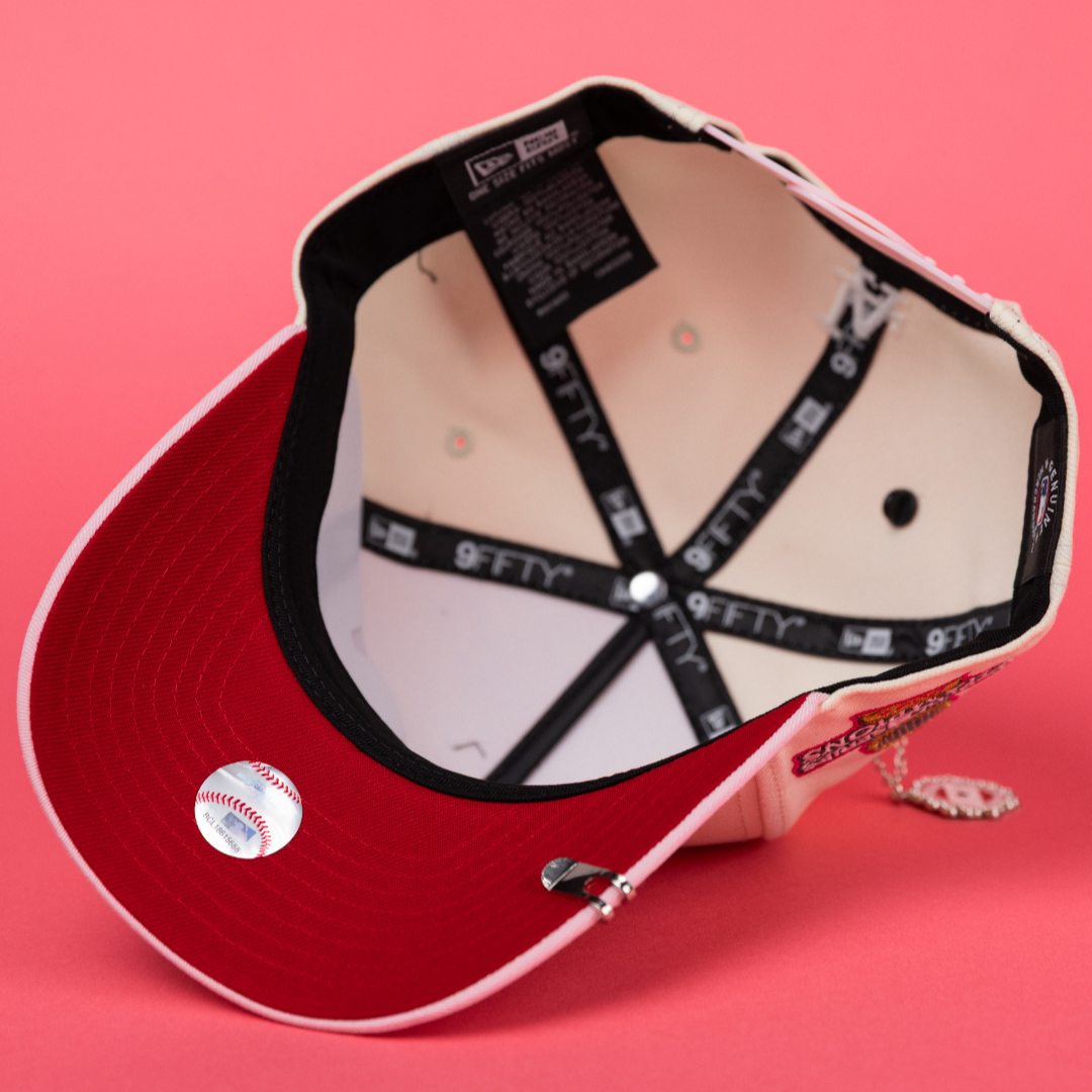 NEW ERA 9FIFTY A-FRAME CHROME/ PINK LOS ANGELES DODGERS JAPANESE SCRIPT W/ WORLD SERIES CHAMPIONS SIDE PATCH