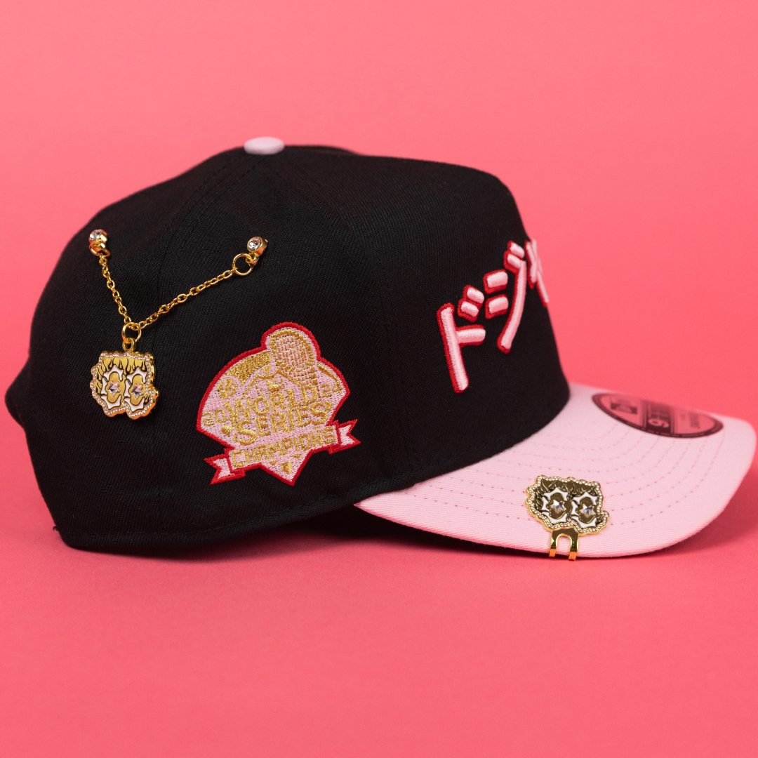 NEW ERA 9FIFTY A-FRAME BLACK/ PINK LOS ANGELES DODGERS JAPANESE SCRIPT W/ WORLD SERIES CHAMPIONS SIDE PATCH