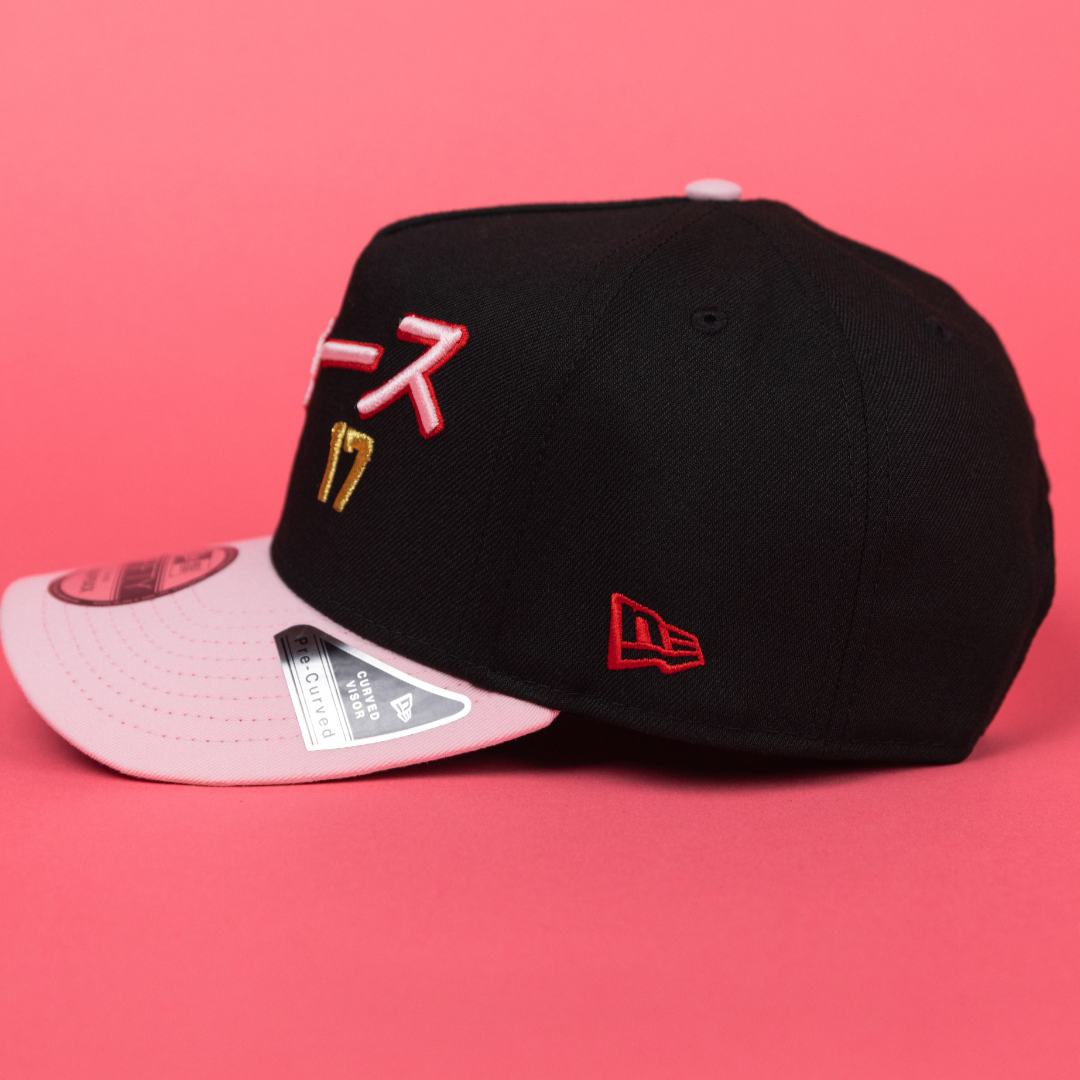 NEW ERA 9FIFTY A-FRAME BLACK/ PINK LOS ANGELES DODGERS JAPANESE SCRIPT W/ WORLD SERIES CHAMPIONS SIDE PATCH