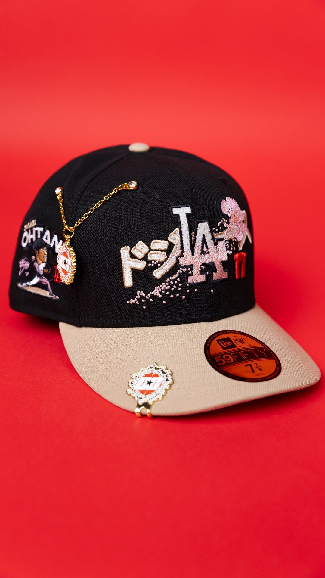 NEW ERA EXCLUSIVE 59FIFTY BLACK/ BEIGE LOS ANGELES DODGERS W/ JAPANESE PINK BLOSSOM + 'SHOHEI OHTANI" SIDE PATCH