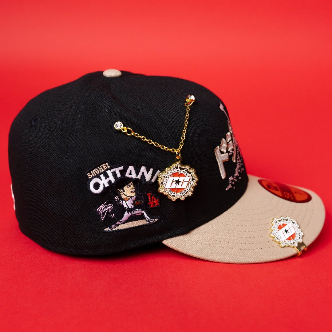 NEW ERA EXCLUSIVE 59FIFTY BLACK/ BEIGE LOS ANGELES DODGERS W/ JAPANESE PINK BLOSSOM + 'SHOHEI OHTANI" SIDE PATCH