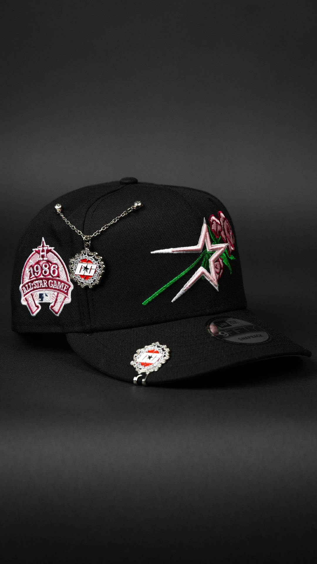 NEW ERA EXCLUSIVE 9FIFTY BLACK HOUSTON ASTROS SNAPBACK W/ PINK ROSE + 1986 ALL STAR GAME SIDE PATCH