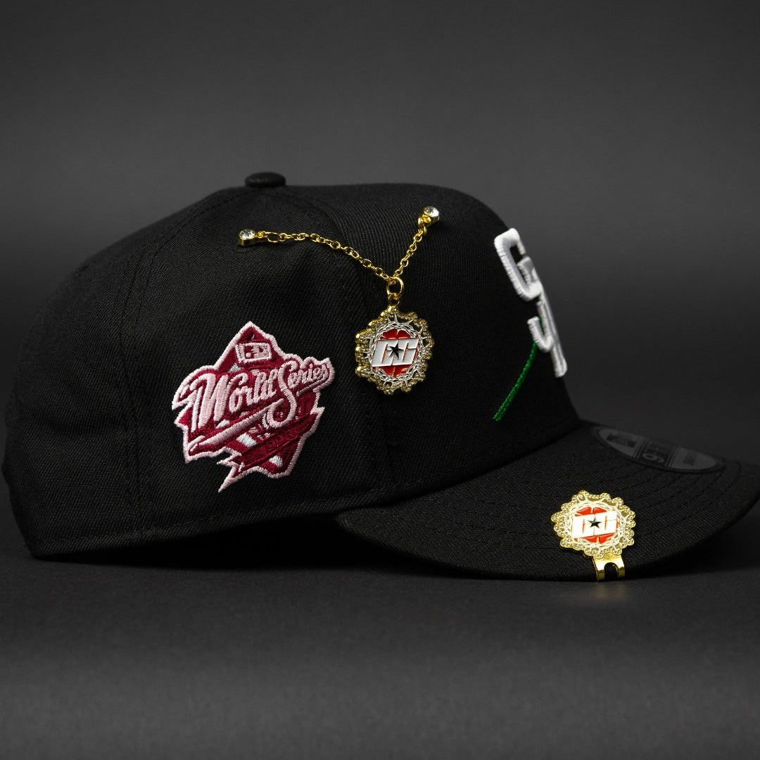 NEW ERA EXCLUSIVE 9FIFTY BLACK SAN DIEGO PADRES SNAPBACK W/ PINK ROSE + WORLD SERIES SIDE PATCH