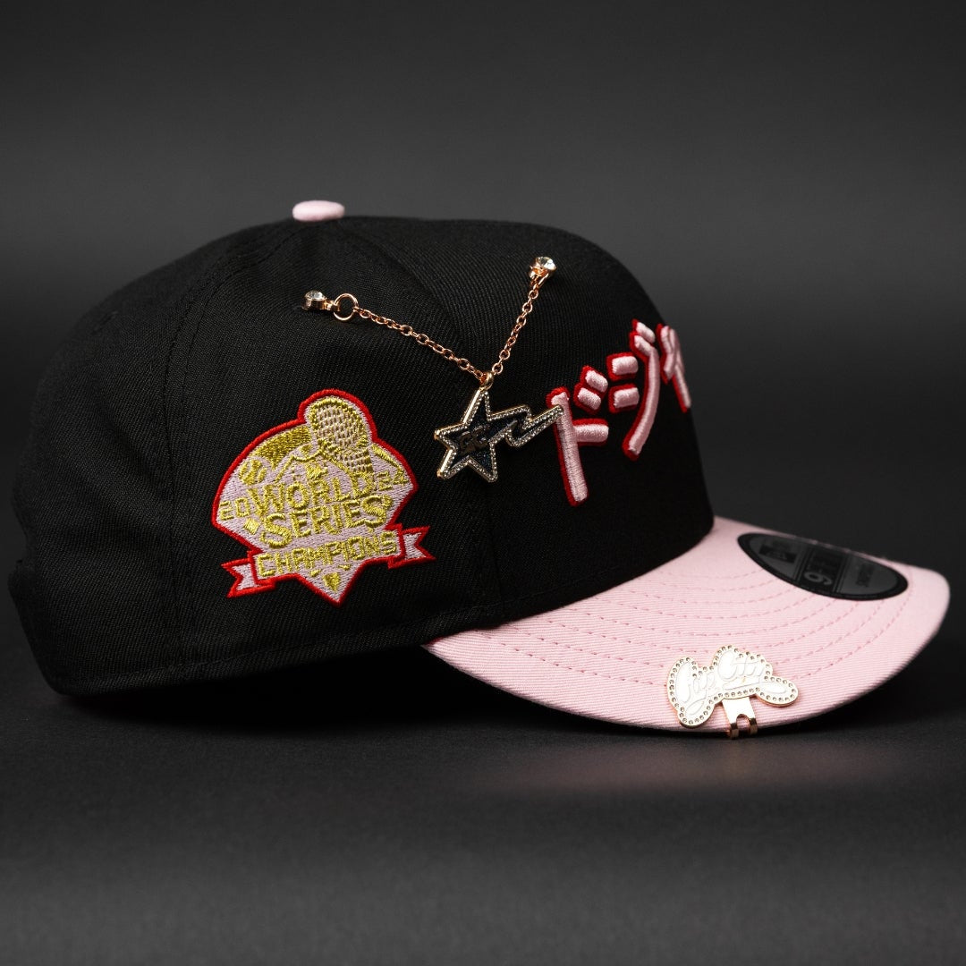 NEW ERA EXCLUSIVE 9FIFTY BLACK/ PINK LOS ANGELES DODGERS SNAPBACK W/ JAPANESE SCRIPT + WORLD SERIES CHAMPIONS SIDE PATCH