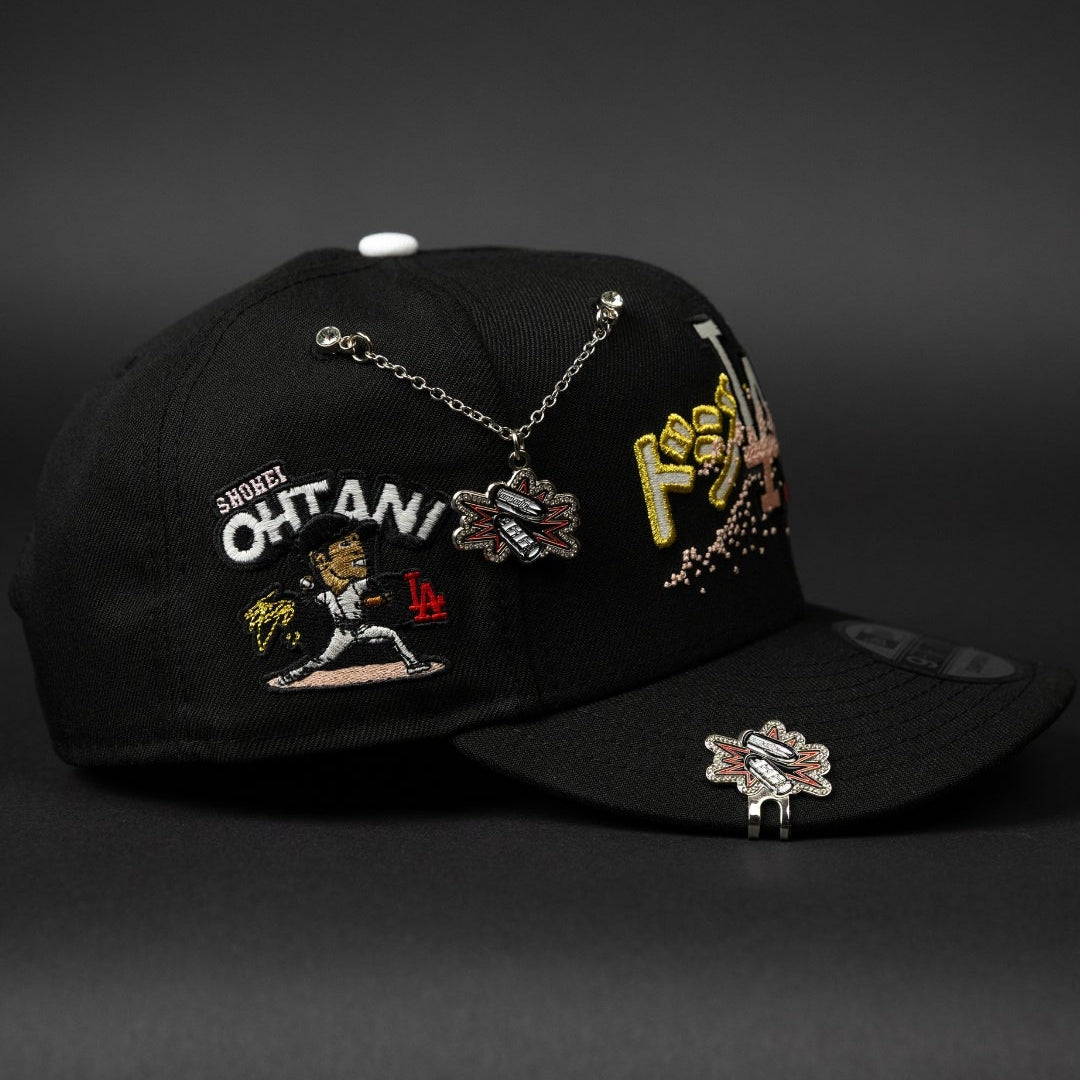 NEW ERA EXCLUSIVE 9FIFTY BLACK LOS ANGELES DODGERS SNAPBACK W/ JAPANESE PINK BLOSSOM + 'SHOHEI OHTANI" SIDE PATCH