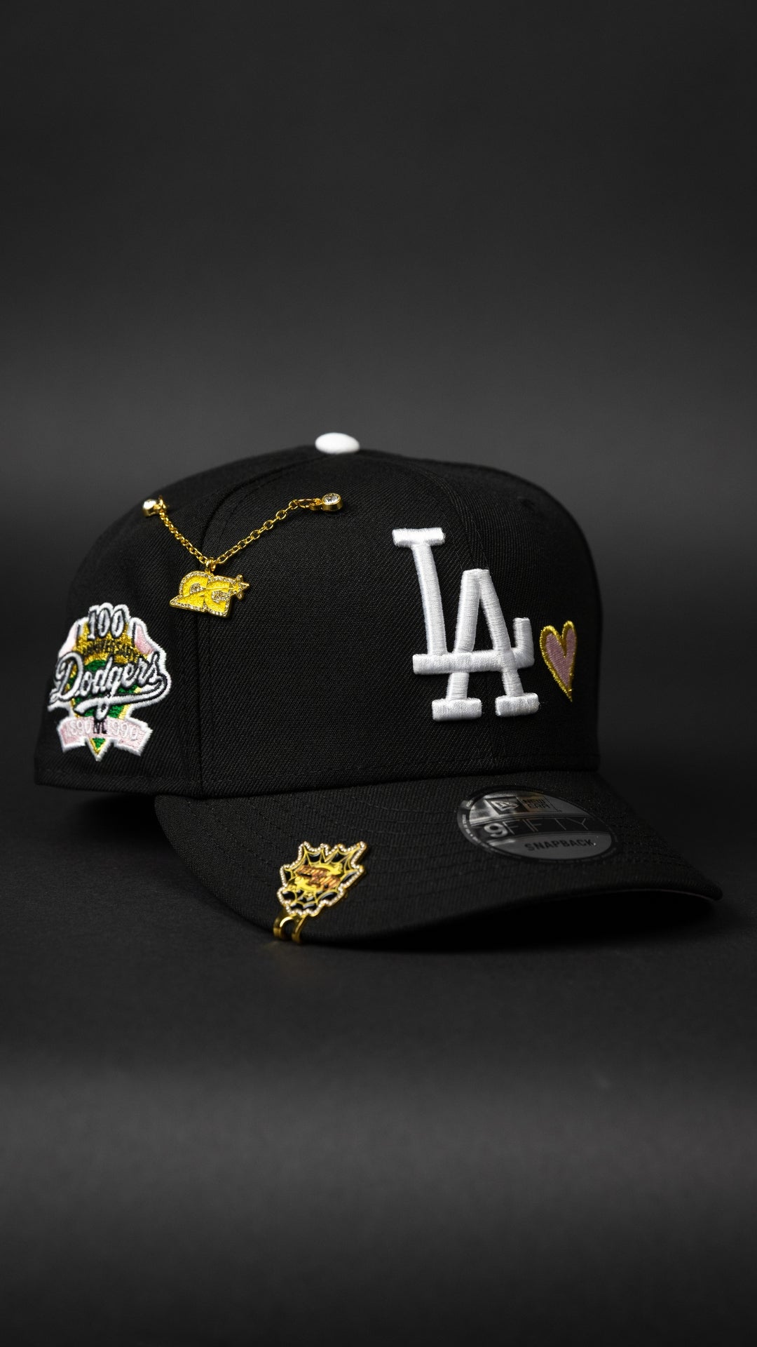 NEW ERA EXCLUSIVE 9FIFTY BACK LOS ANGELES DODGERS SNAPBACK W/ PINK HEART + 100TH ANNIVERSARY SIDE PATCH