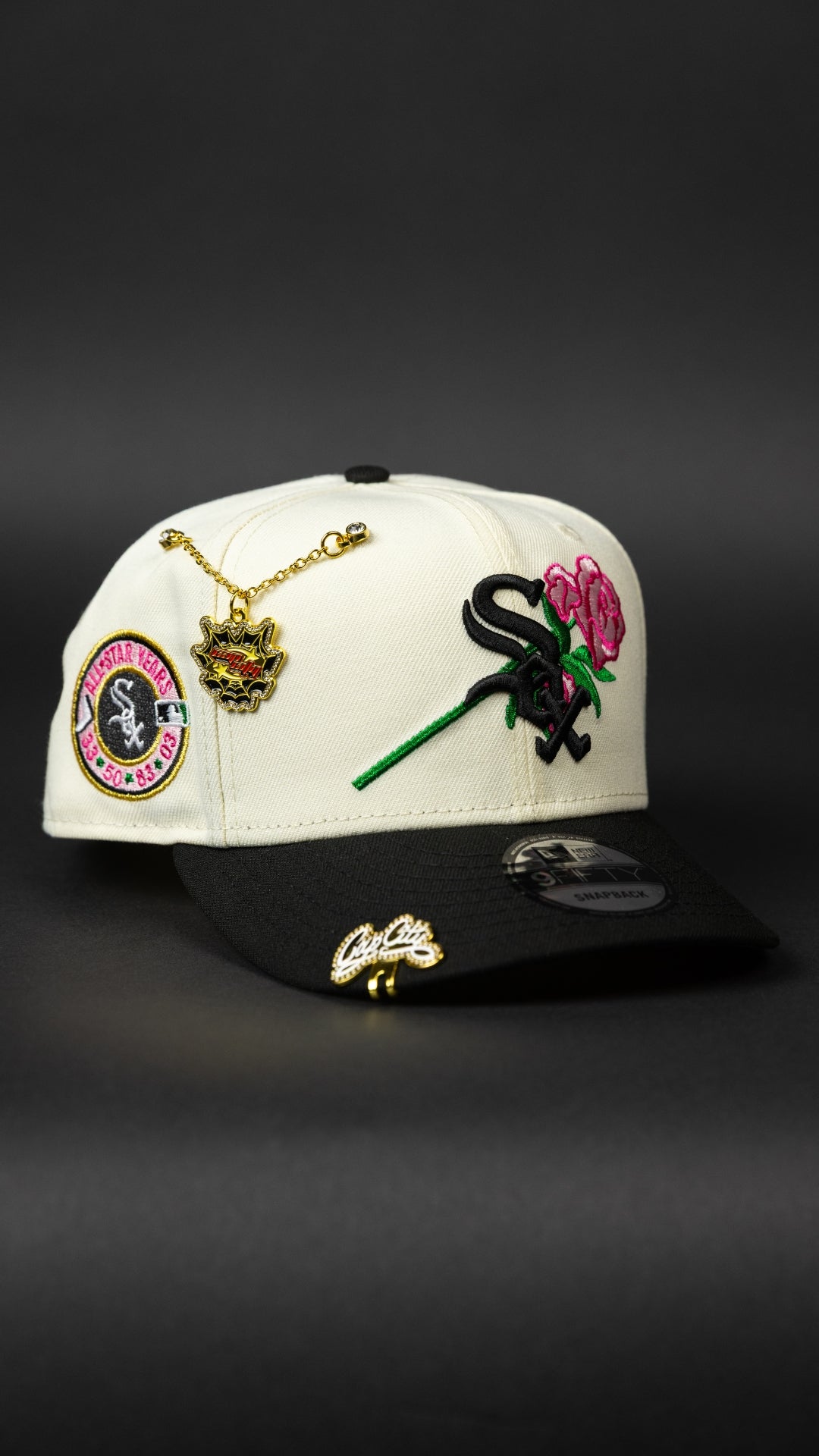 NEW ERA EXCLUSIVE 9FIFTY CHROME/ BLACK CHICAGO WHITE SOX SNAPBACK W/ PINK ROSE + ALL STAR YEARS SIDE PATCH