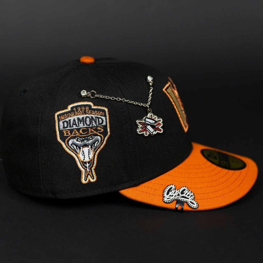 NEW ERA EXCLUSIVE 59FIFTY BLACK/ ORANGE UPISDE DOWN ARIZONA DIAMONDBACKS W/ 1998 INAUGURAL SEASON SIDE PATCH
