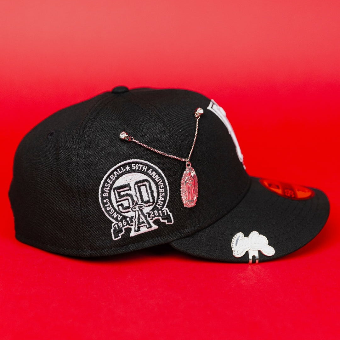 NEW ERA EXCLUSIVE 59FIFTY BLACK UPSIDE DOWN ANAHEIM ANGELS W/ 50TH ANNIVERSARY SIDE PATCH