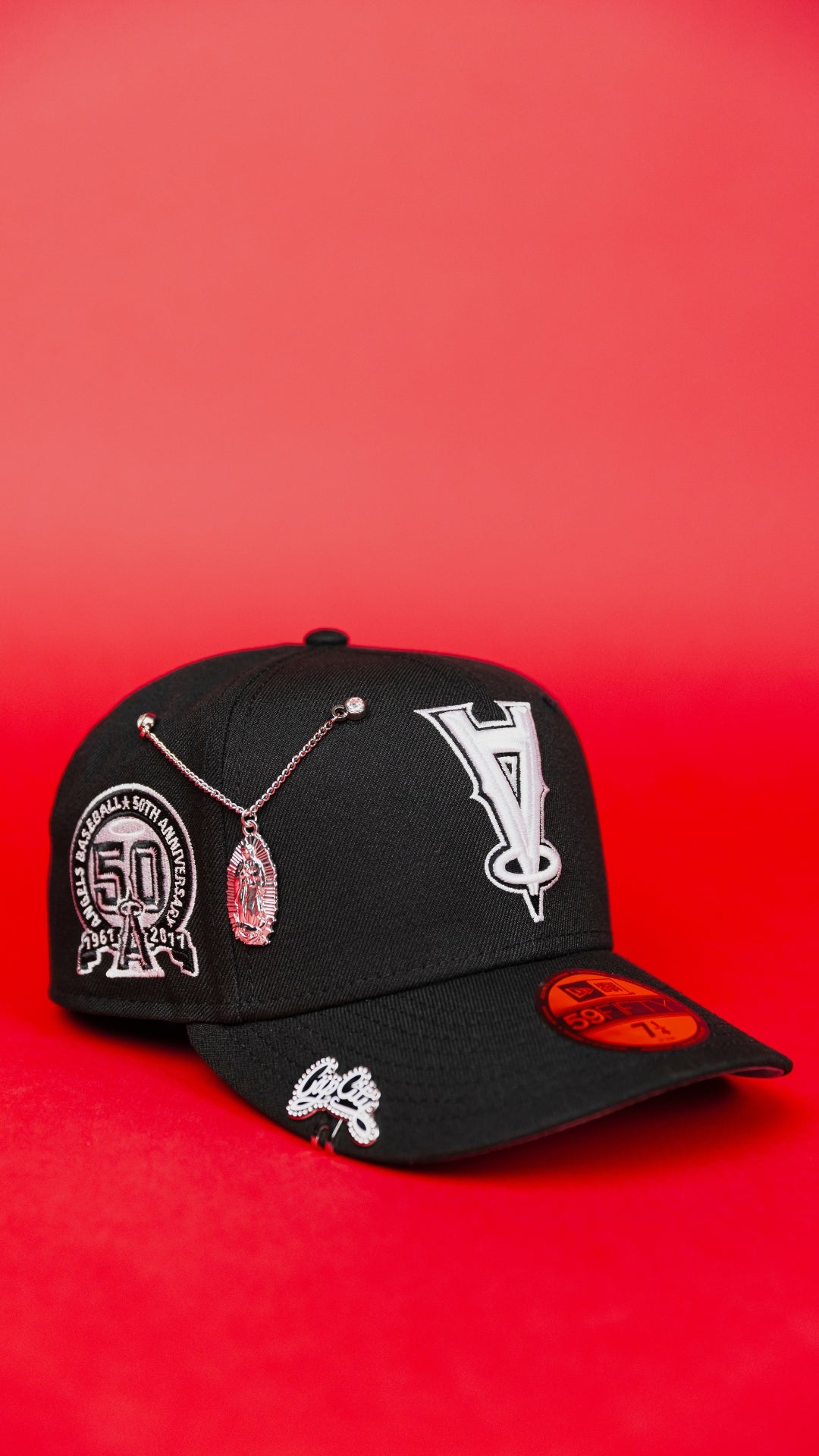 NEW ERA EXCLUSIVE 59FIFTY BLACK UPSIDE DOWN ANAHEIM ANGELS W/ 50TH ANNIVERSARY SIDE PATCH