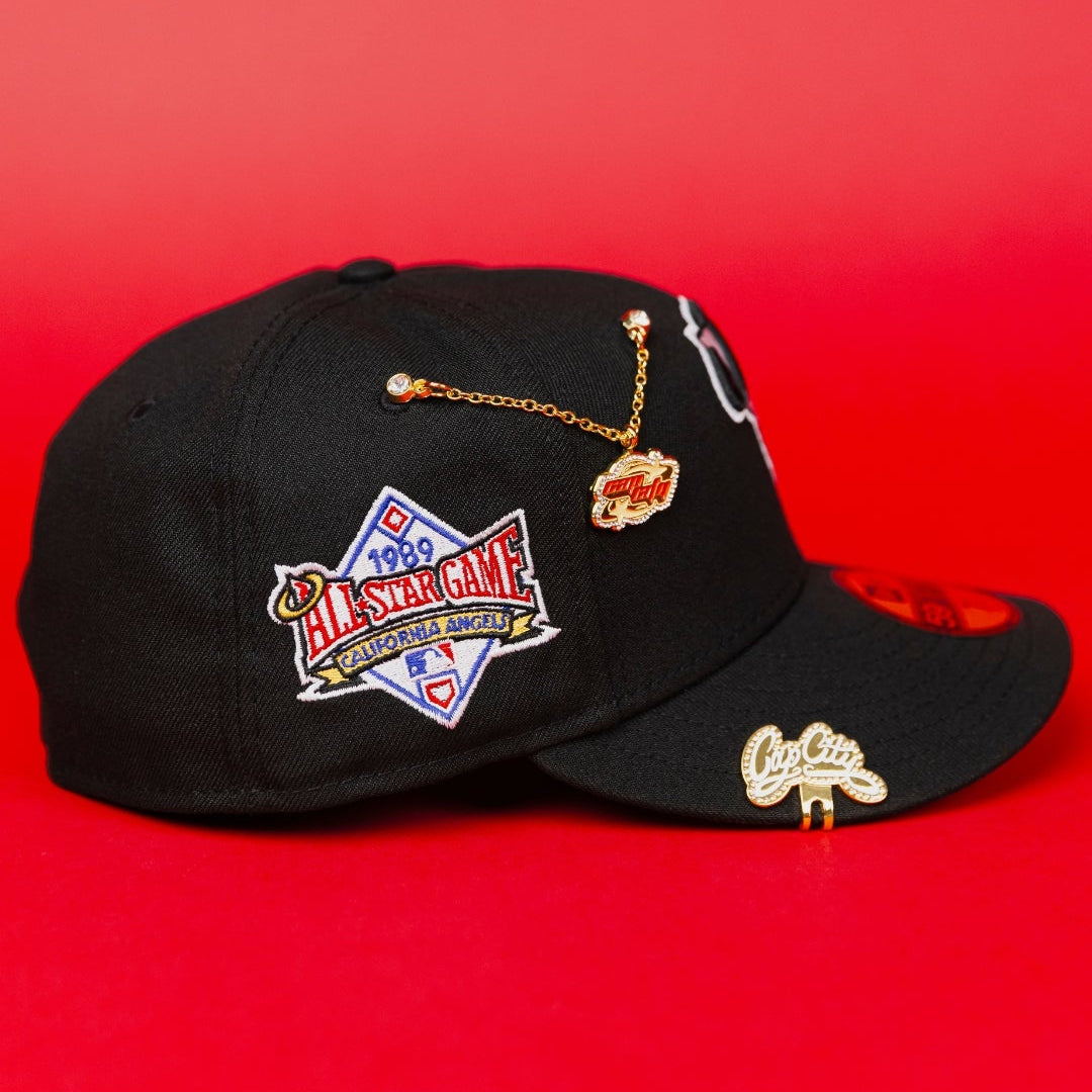 NEW ERA EXCLUSIVE 59FIFTY BLACK ANAHEIM ANGELS W/ "CALI STATE LOGO" + 1989 ALL STAR GAME SIDE PATCH