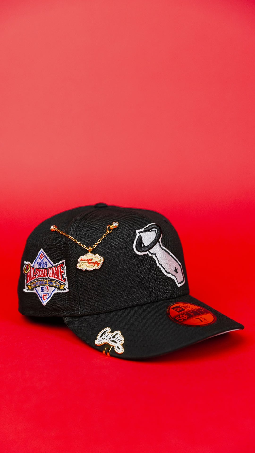 NEW ERA EXCLUSIVE 59FIFTY BLACK ANAHEIM ANGELS W/ "CALI STATE LOGO" + 1989 ALL STAR GAME SIDE PATCH