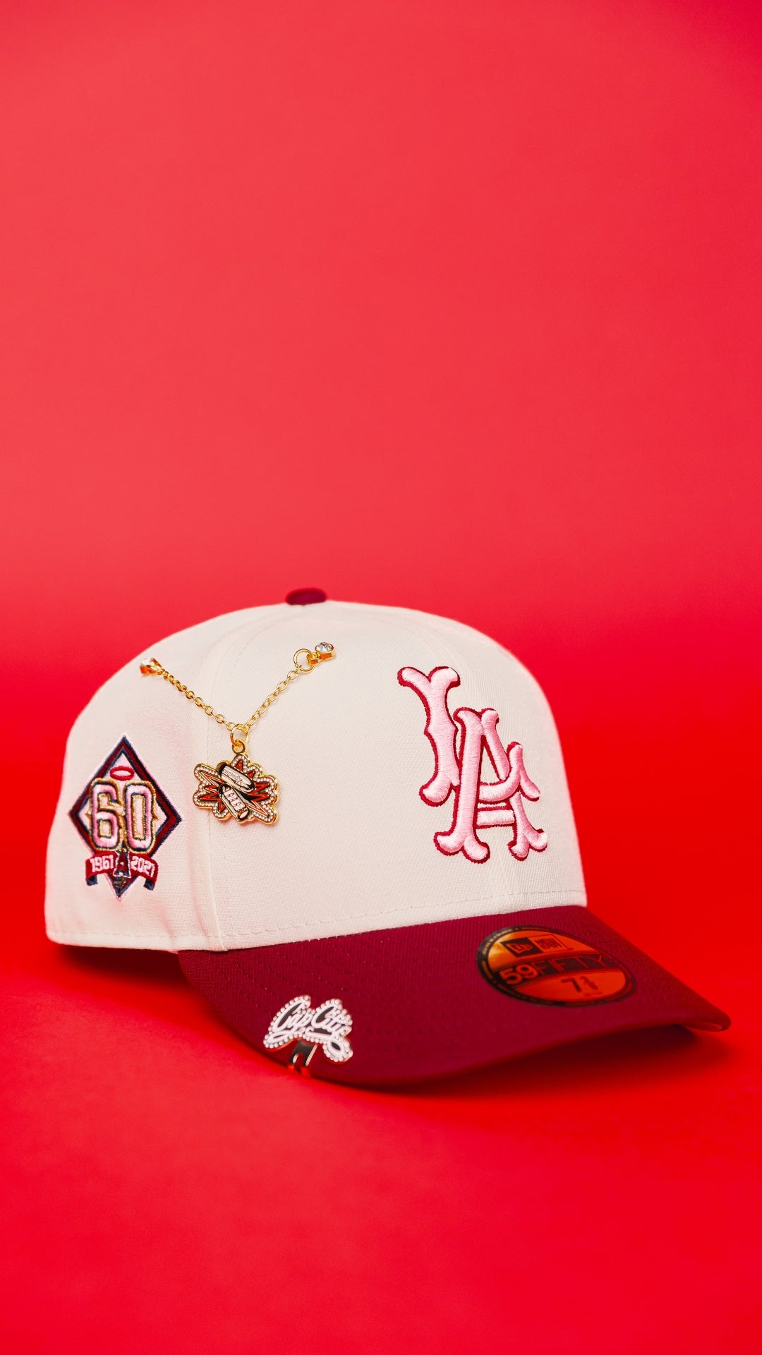 NEW ERA EXCLUSIVE 59FIFTY CHROME/ MAROON LOS ANGELES ANGELS W/ 60TH ANNIVERSARY SIDE PATCH