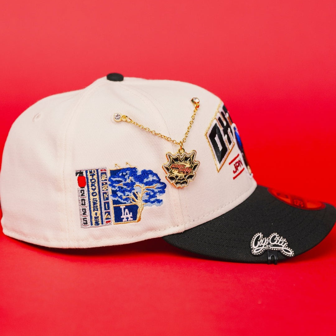 NEW ERA EXCLUSIVE 59FIFTY CHROME/ BLACK LOS ANGELES DODGERS W/ SHOHEI OHTANI SCRIPT + JAPANESE BLUE BOLOSSOM SIDE PATCH