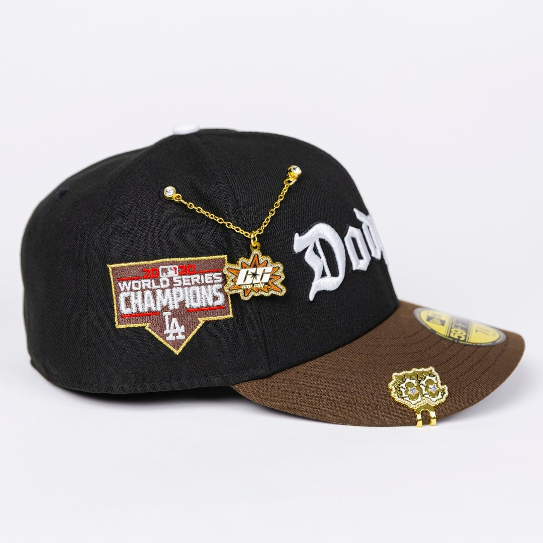 NEW ERA EXCLUSIVE 59FIFTY BLACK/ BROWN LOS ANGELES DODGERS SCRIPT W/ WORLD SERIES CHAMPIONS SIDE PATCH