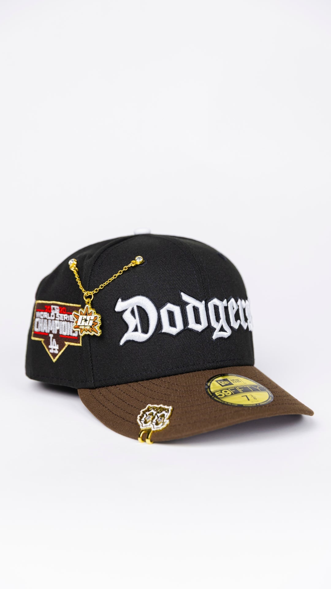 NEW ERA EXCLUSIVE 59FIFTY BLACK/ BROWN LOS ANGELES DODGERS SCRIPT W/ WORLD SERIES CHAMPIONS SIDE PATCH