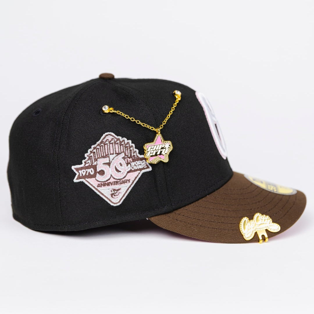 NEW ERA EXCLUSIVE 59FIFTY BLACK/ BROWN BALTIMORE ORIOLES W/ 50TH ANNIVERSARY SIDE PATCH