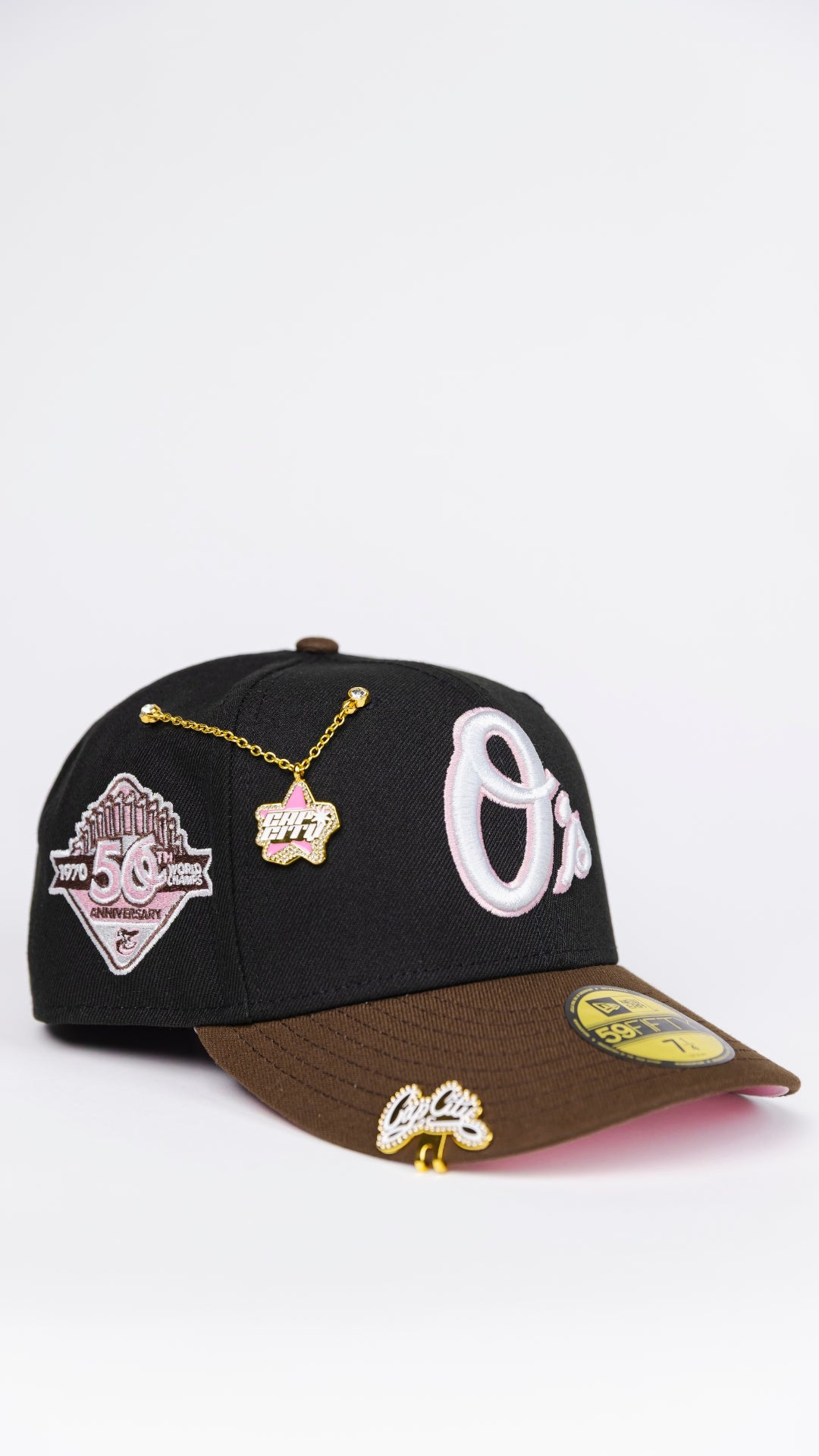NEW ERA EXCLUSIVE 59FIFTY BLACK/ BROWN BALTIMORE ORIOLES W/ 50TH ANNIVERSARY SIDE PATCH