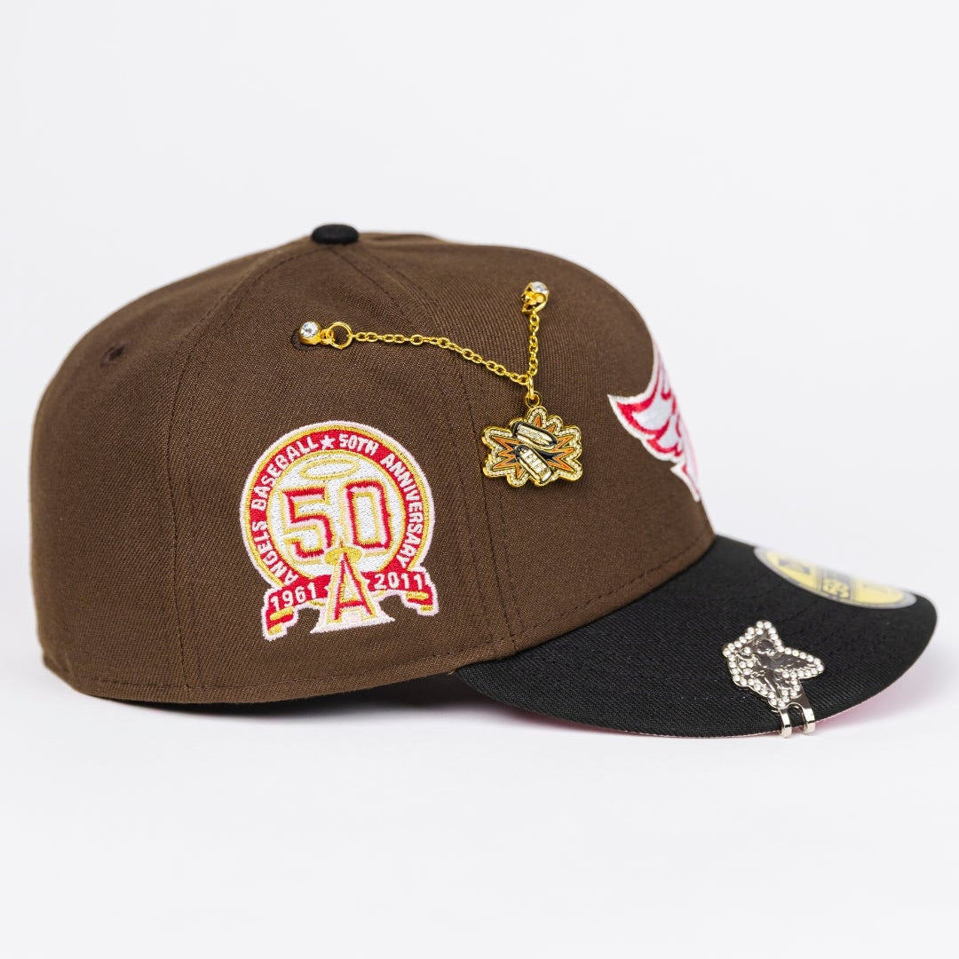 NEW ERA EXCLUSIVE 59FIFTY BROWN/ BLACK ANAHEIM ANGELS W/ 50TH ANNIVERSARY SIDE PATCH