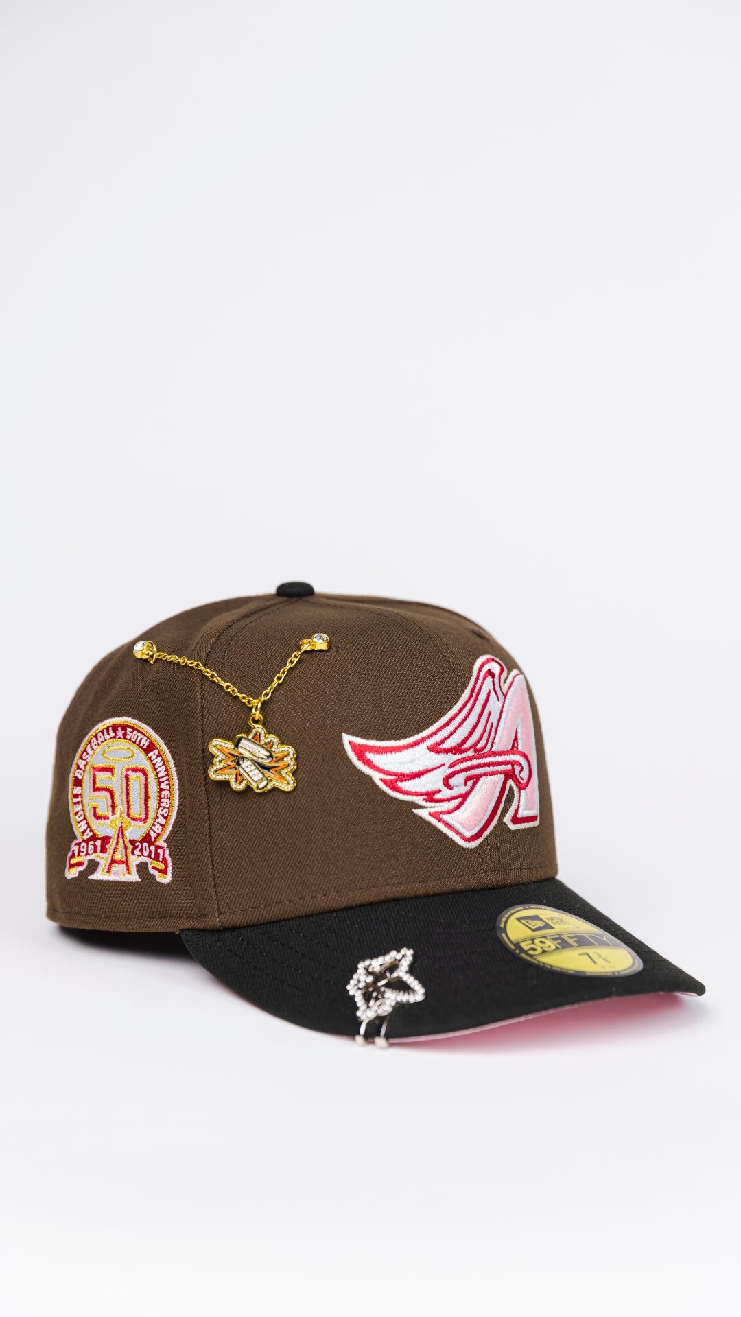 NEW ERA EXCLUSIVE 59FIFTY BROWN/ BLACK ANAHEIM ANGELS W/ 50TH ANNIVERSARY SIDE PATCH