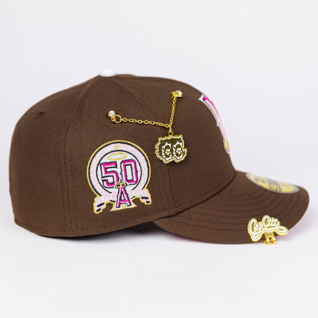 NEW ERA EXCLUSIVE 59FIFTY BROWN UPSIDE DOWN ANAHEIM ANGELS W/ 50TH ANNIVERSARY SIDE PATCH