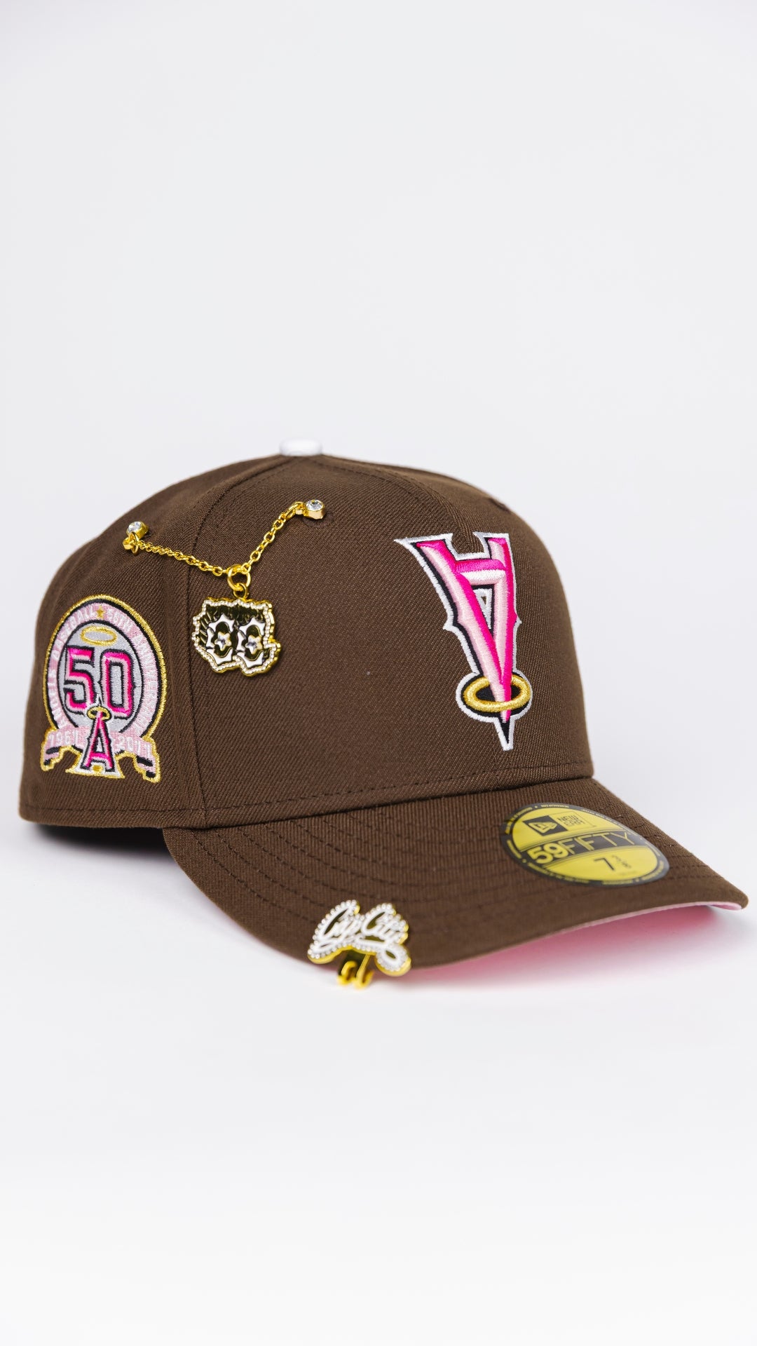 NEW ERA EXCLUSIVE 59FIFTY BROWN UPSIDE DOWN ANAHEIM ANGELS W/ 50TH ANNIVERSARY SIDE PATCH
