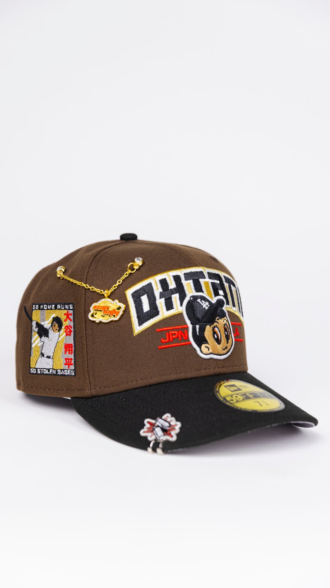 NEW ERA EXCLUSIVE 59FIFTY BROWN/ BLACK LOS ANGELES DODGERS W/ SHOHEI OHTANI SCRIPT + 50-50 CLUB SIDE PATCH