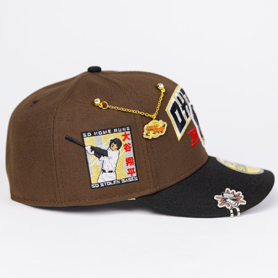 NEW ERA EXCLUSIVE 59FIFTY BROWN/ BLACK LOS ANGELES DODGERS W/ SHOHEI OHTANI SCRIPT + 50-50 CLUB SIDE PATCH