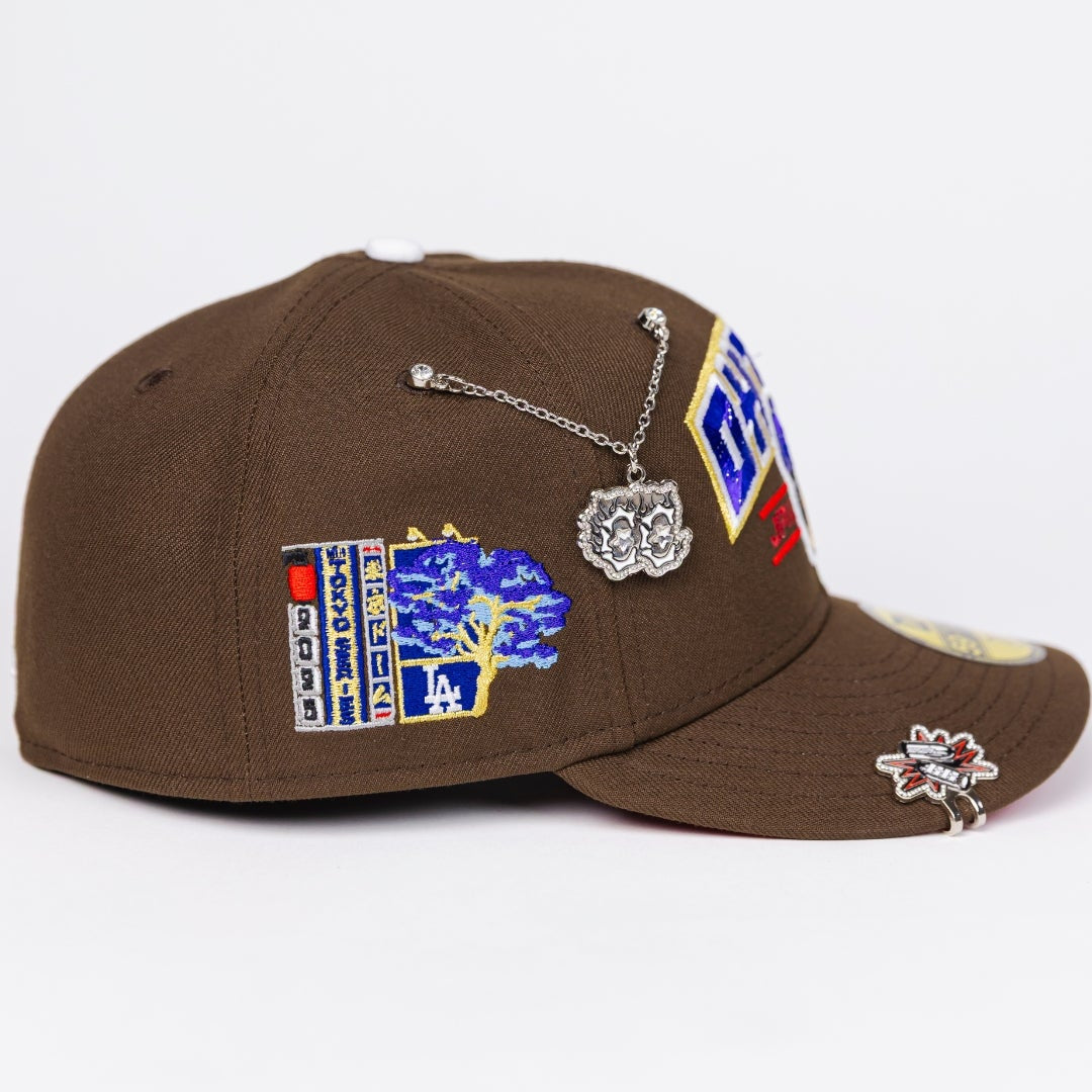 NEW ERA EXCLUSIVE 59FIFTY BROWN LOS ANGELES DODGERS W/ SHOHEI OHTANI SCRIPT + JAPANESE BLUE BOLOSSOM SIDE PATCH