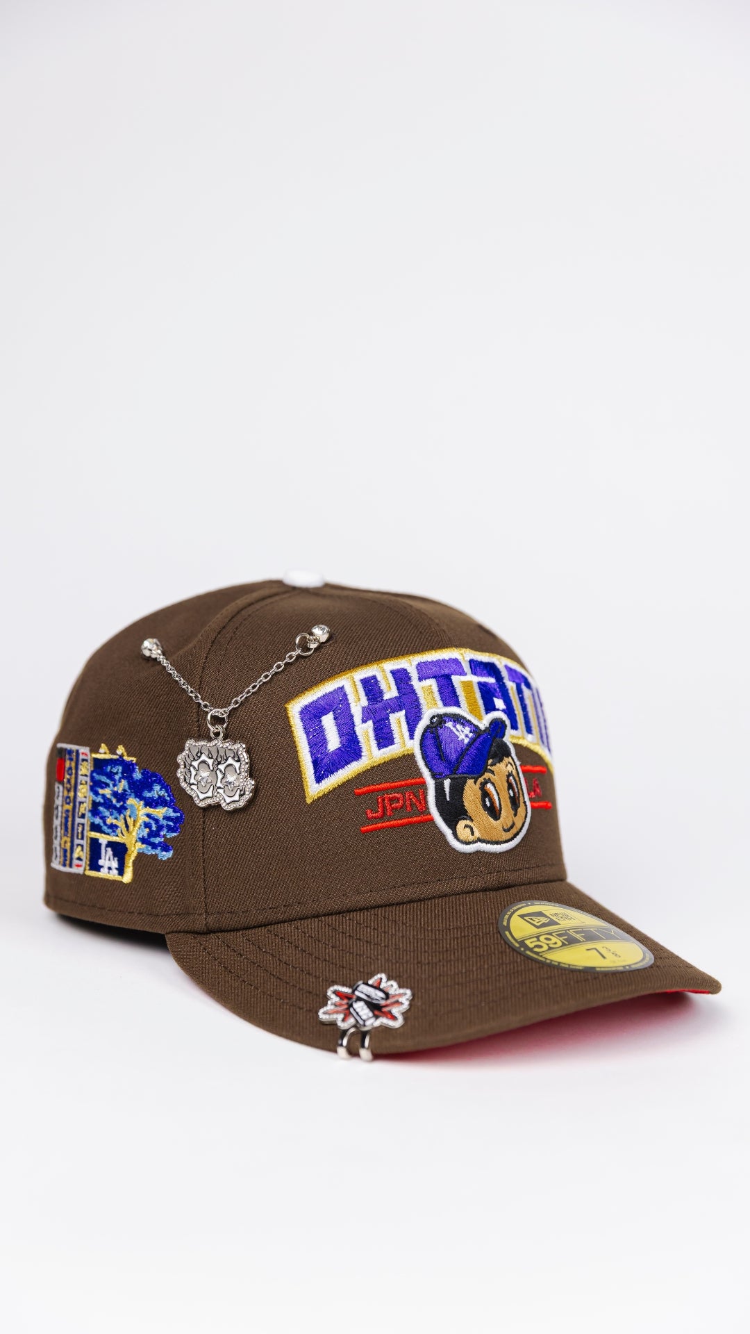 NEW ERA EXCLUSIVE 59FIFTY BROWN LOS ANGELES DODGERS W/ SHOHEI OHTANI SCRIPT + JAPANESE BLUE BOLOSSOM SIDE PATCH