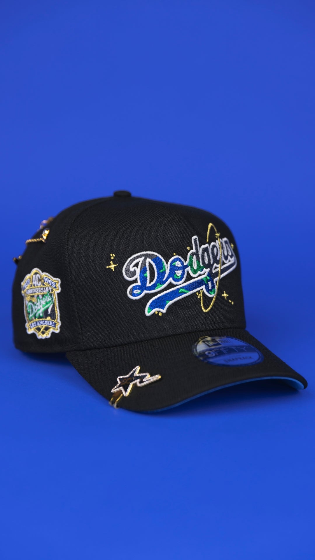 NEW ERA 9FIFTY A-FRAME BLACK LOS ANGELES DODGERS SNAPBACK GALAXY SCRIPT W/ 40TH ANNIVERSARY SIDE PATCH