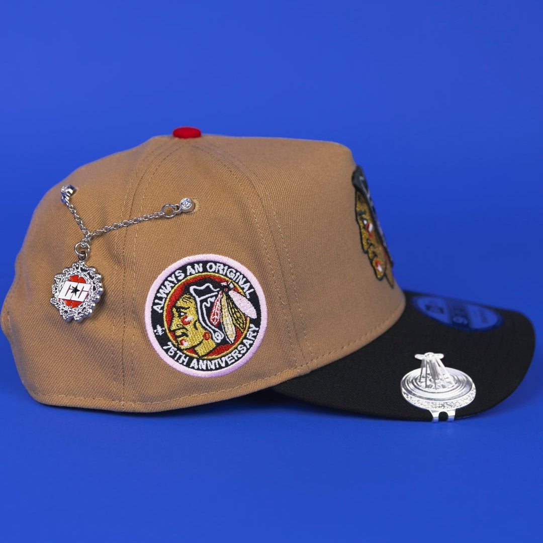 NEW ERA 9FIFTY A-FRAME CAMEL BROWN CHICAGO BLACKHAWKS SNAPBACK W/ 75TH ANNIVERSARY SIDE PATCH