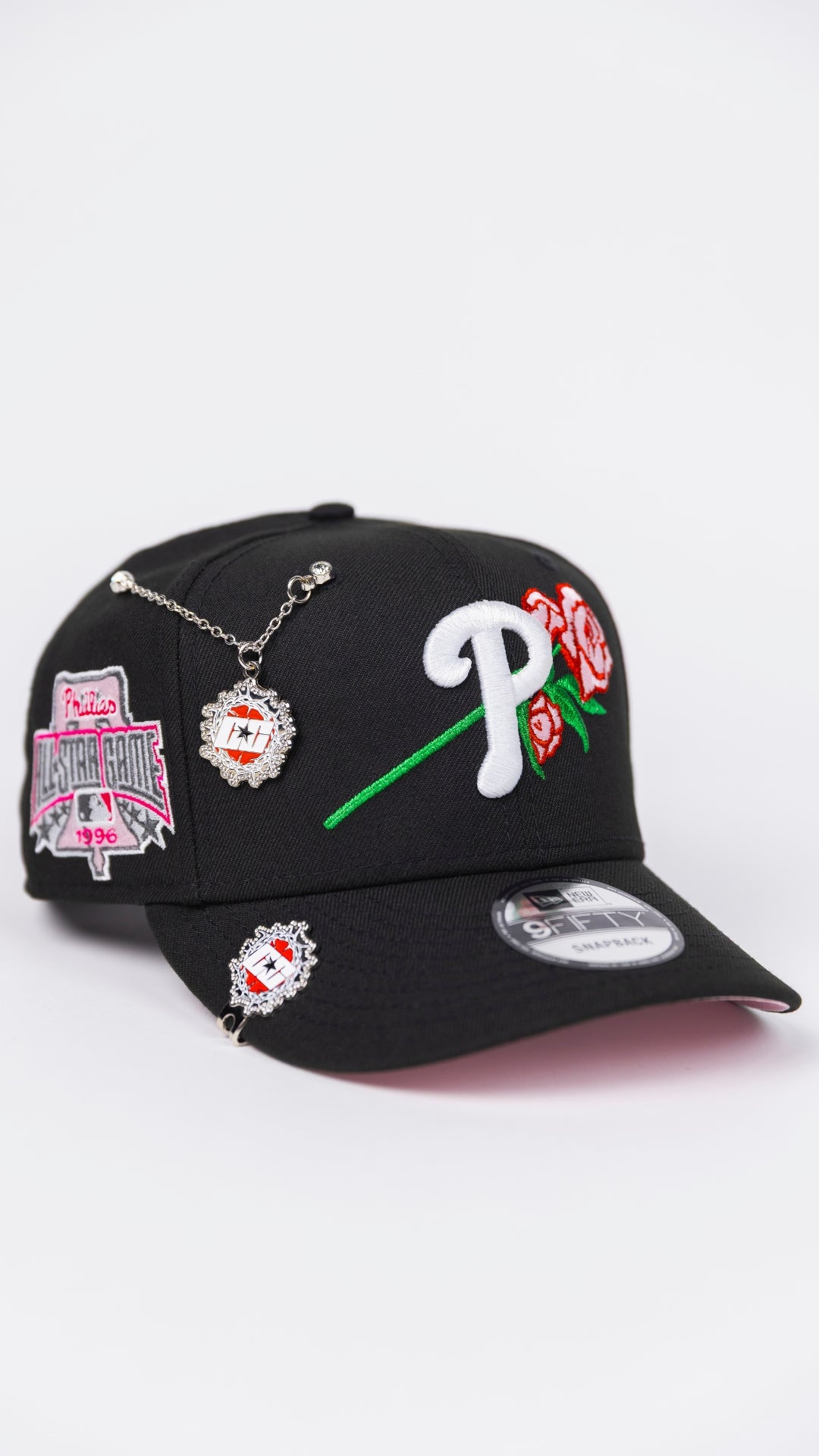 NEW ERA EXCLUSIVE 9FIFTY BLACK PHILADELPHIA PHILLIES SNAPBACK W/ PINK ROSE + ALL STAR GAME SIDE PATCH