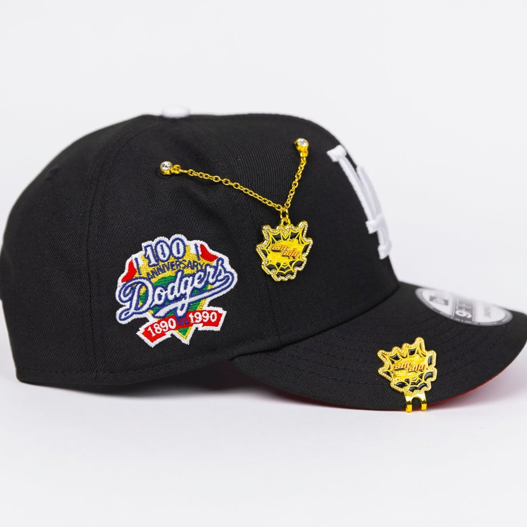 NEW ERA EXCLUSIVE 9FIFTY BLACK LOS ANGELES DODGERS SNAPBACK W/ RED HAERT + 100TH ANNIVERSARY SIDE PATCH