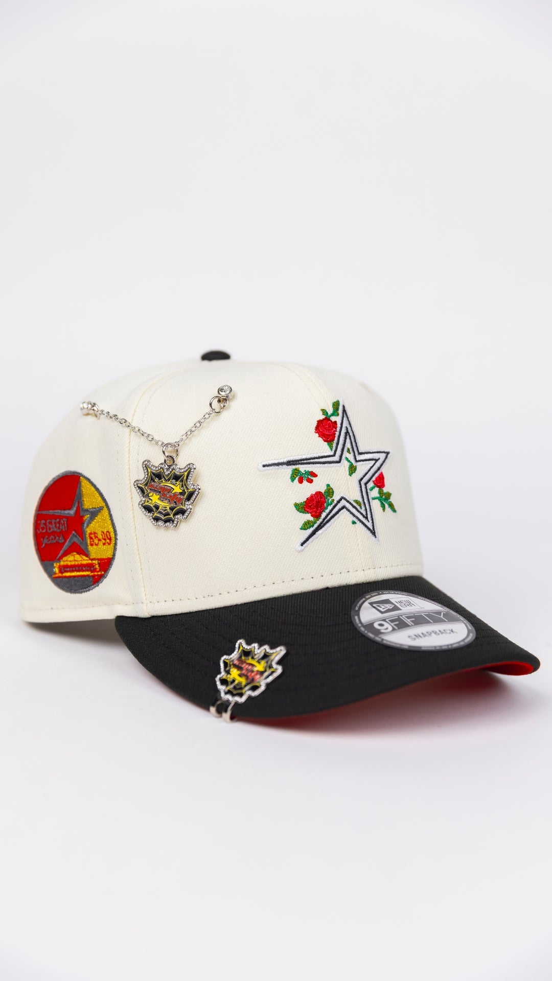 NEW ERA EXCLUSIVE 9FIFTY CHROME/ BLACK HOUSTON ASTROS SNAPBACK W/ RED ROSES + 35TH ANNIVERSARY SIDE PATCH