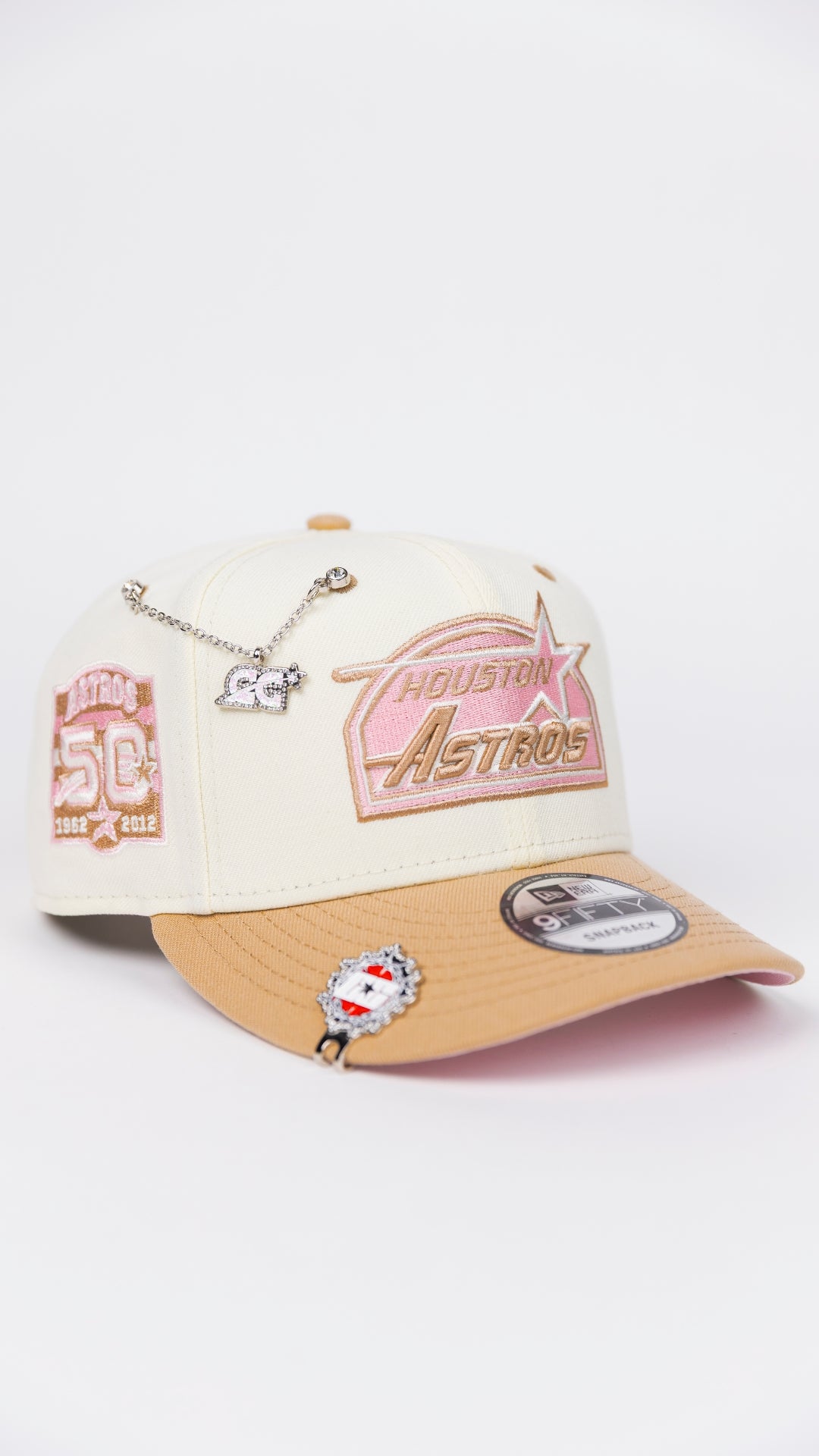 NEW ERA EXCLUSIVE 9FIFTY CHROME/ BEIGE HOUSTON ASTROS SCRIPT SNAPBACK W/ 50TH ANNIVERSARY SIDE PATCH