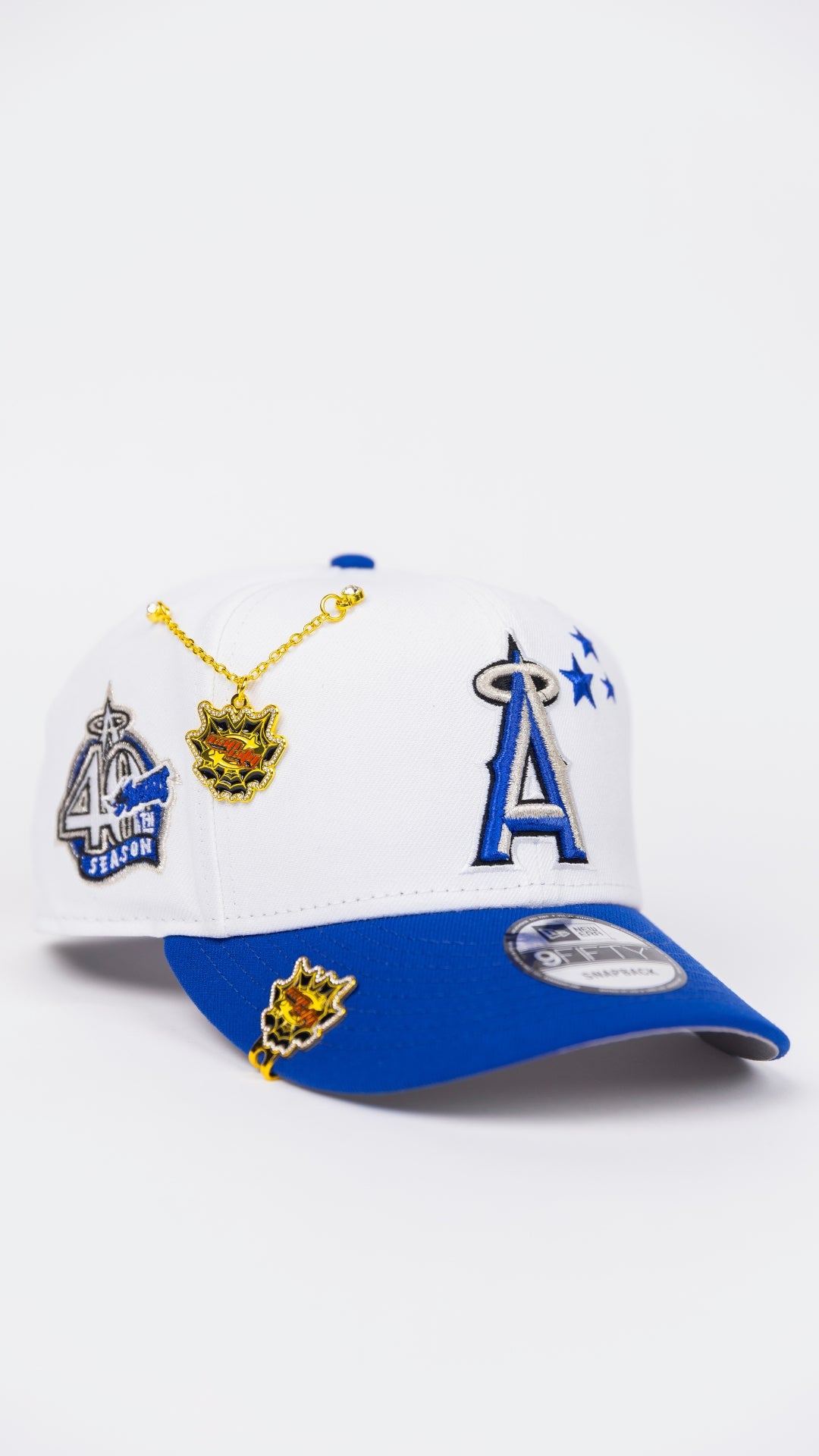 NEW ERA EXCLUSIVE 9FIFTY PEARL WHITE/ BLUE ANAHEIM ANGELS SNAPBACK W/ STARS + 40TH ANNIVERSARY SIDE PATCH