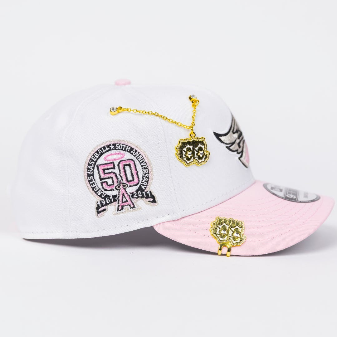 NEW ERA EXCLUSIVE 9FIFTY PEARL WHITE/ PINK ANAHEIM ANGELS SNAPBACK W/ 50TH ANNIVERSARY SIDE PATCH