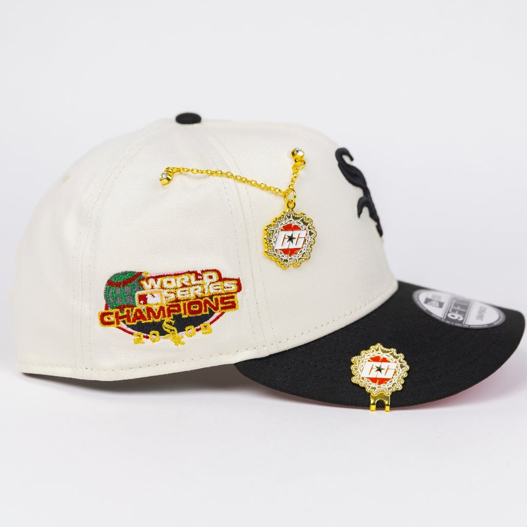 NEW ERA EXCLUSIVE 9FIFTY CHROME/ BLACK CHICAGO WHITE SOX SNAPBACK W/ ROSES + WORLD SERIES CHAMPIONS SIDE PATCH